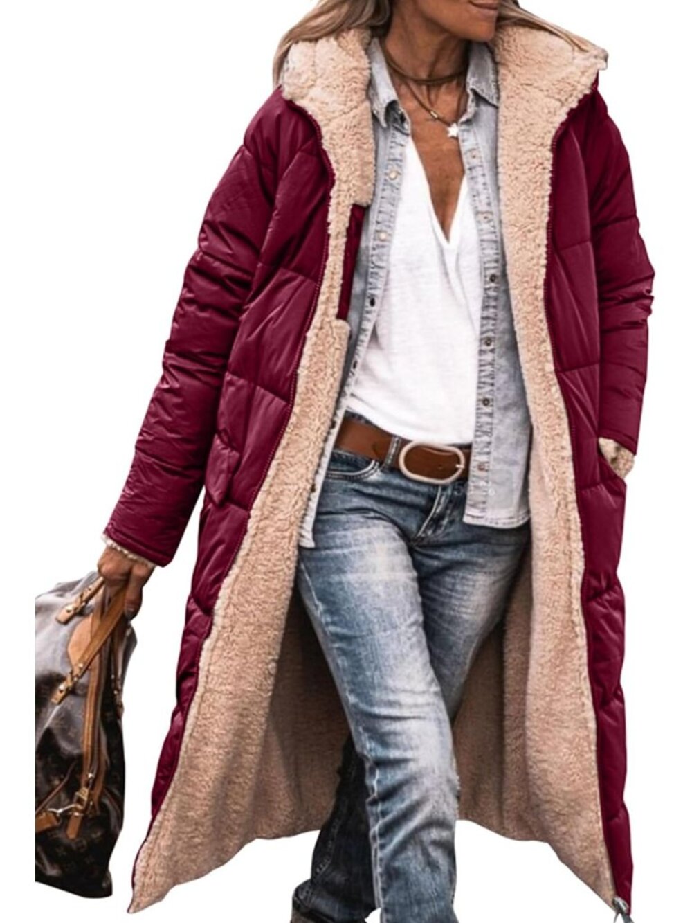 Women's Wine Red Winter Fleece Warm Long Coats Sherpa Faux Fur Hooded Neck
